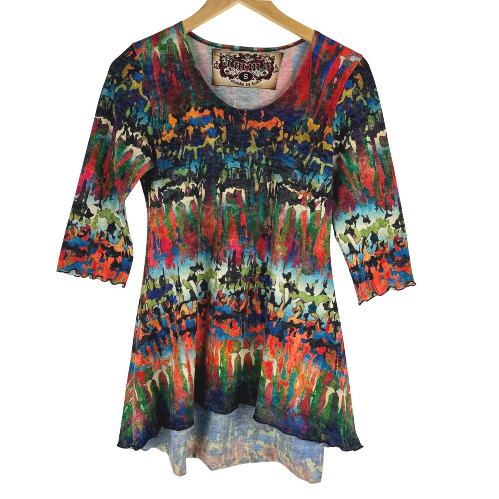 Amma Made in LA Abstract Multi-Color High-Low Lettuce Edge Tunic Top Womens S